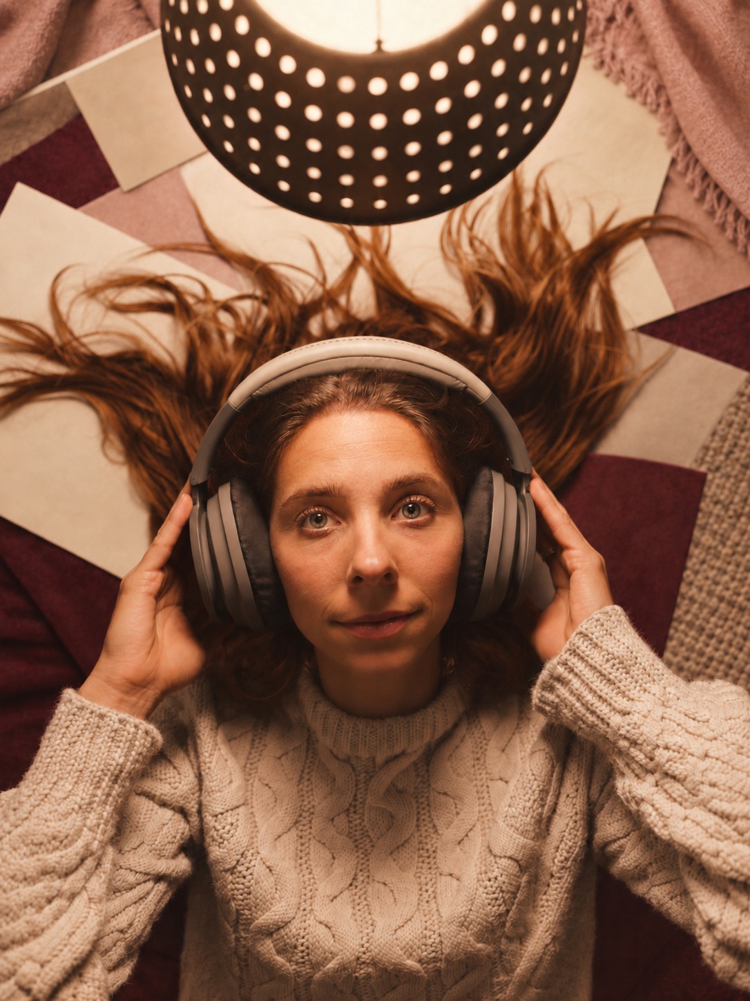 Woman wearing headphones while listening to a hypnosis audio recording