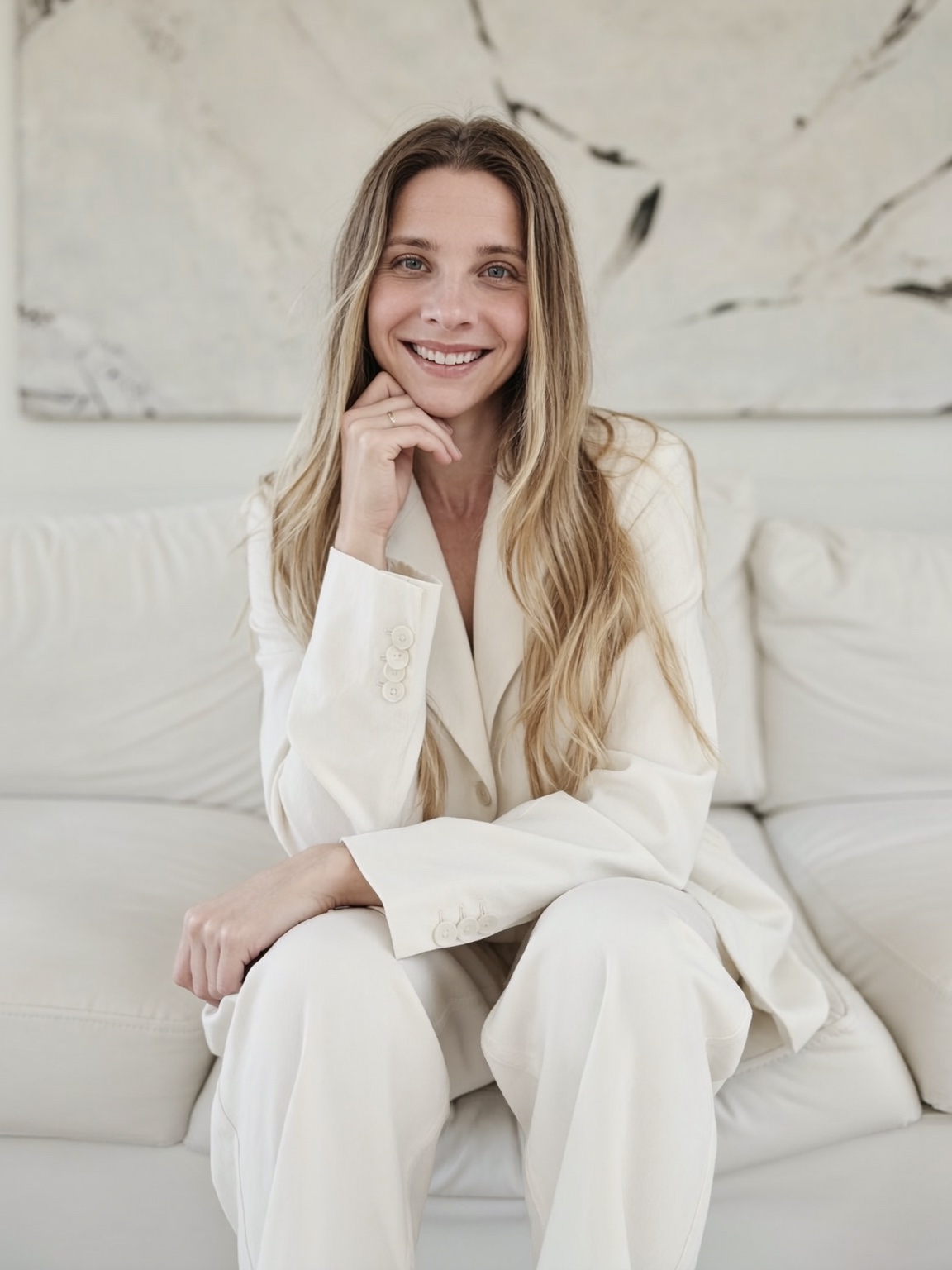 Madysan Sky smiling in a white suit